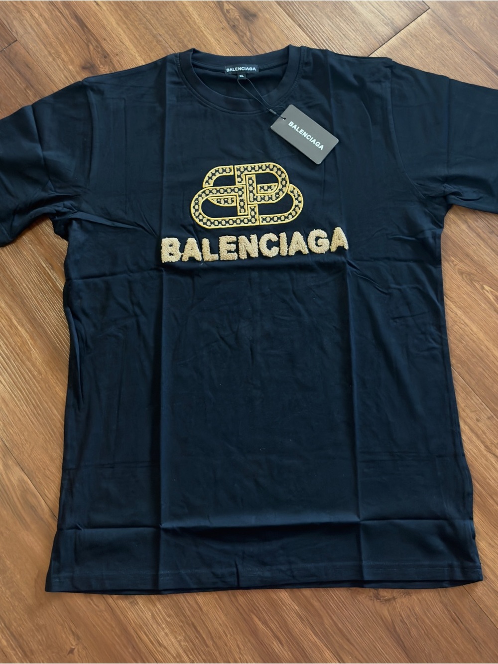 Balenciaga Black Short-Sleeve T-Shirt with Gold Logo